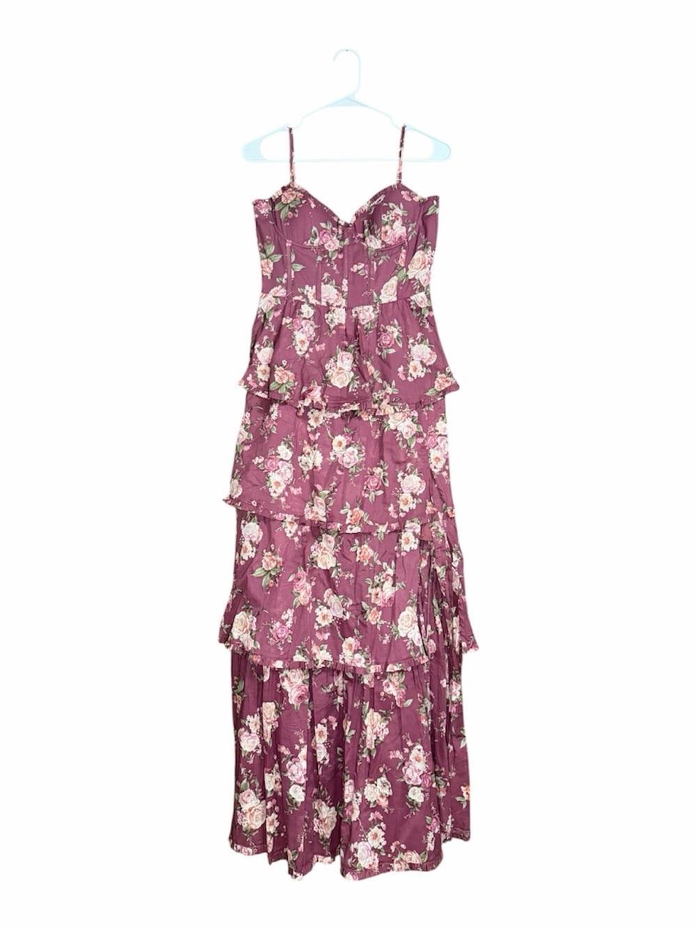 Altar'd State Floral Corset Back Busier Tiered Ruffle Maxi Dress Plum Size S - Picture 2 of 6